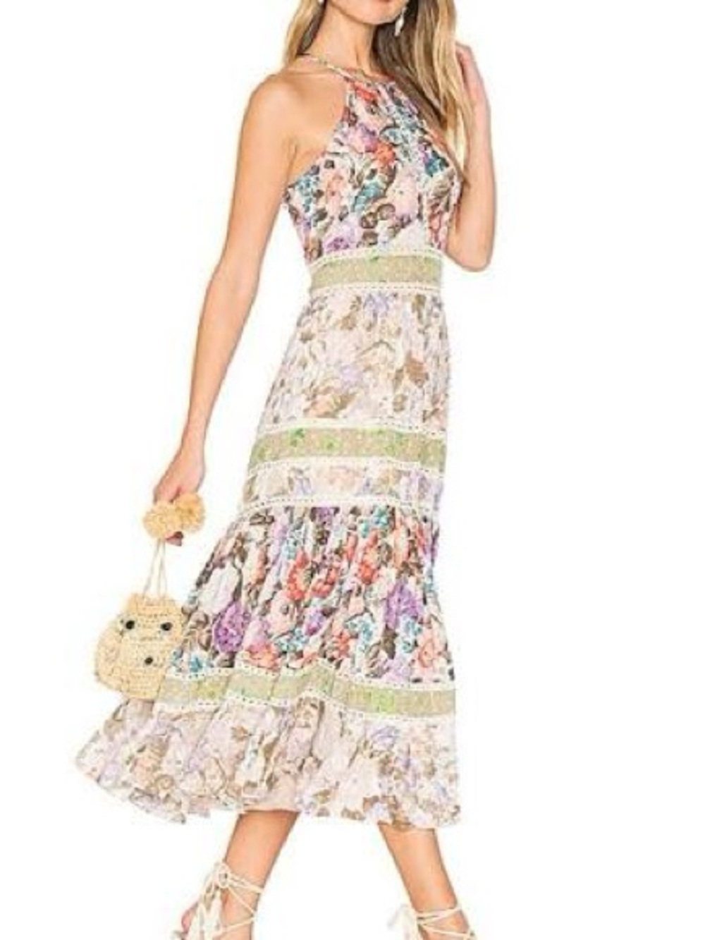 Rebecca Taylor Mixed Print Dress Floral Halter Tiered Ruffle Patchwork Size 6
